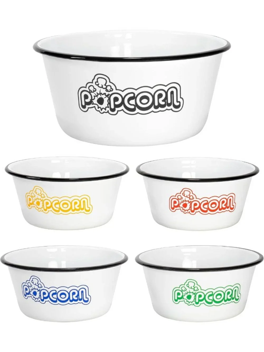 Set of 5 White Enamel Popcorn Bowls - Classic 4 Quart & 1.2 Quart, Assorted